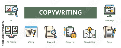 Copywriting Lineal Color Banner Web Icon Set Vector Illustration, SEO AB Testing Writing Keyword Copyright Storytelling Script Webpage