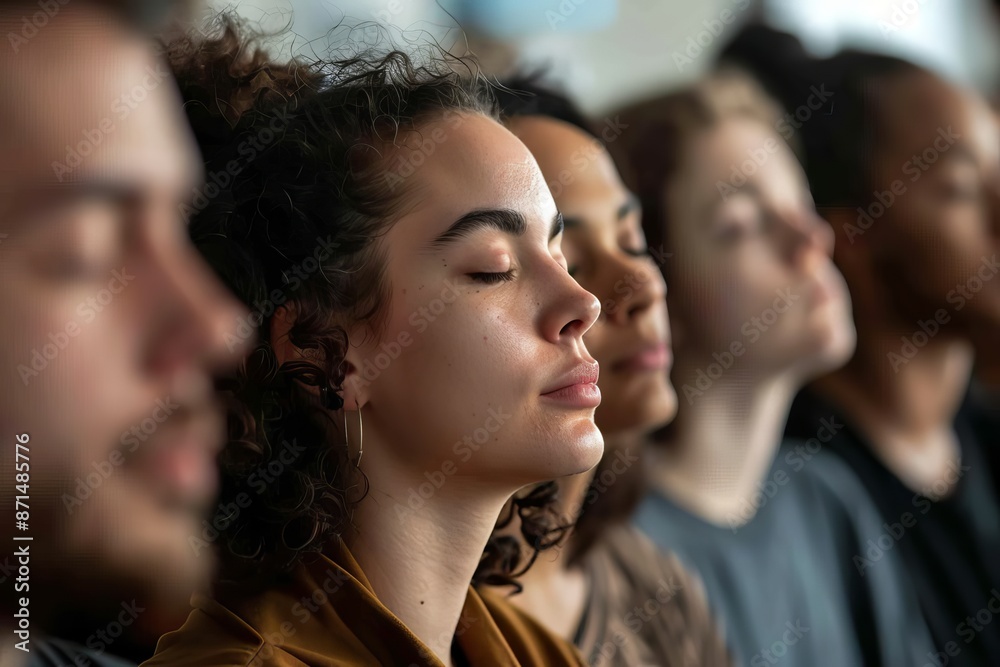 Diverse group in a mindfulness workshop, sitting in a circle with eyes closed, focusing on breathing and meditation
