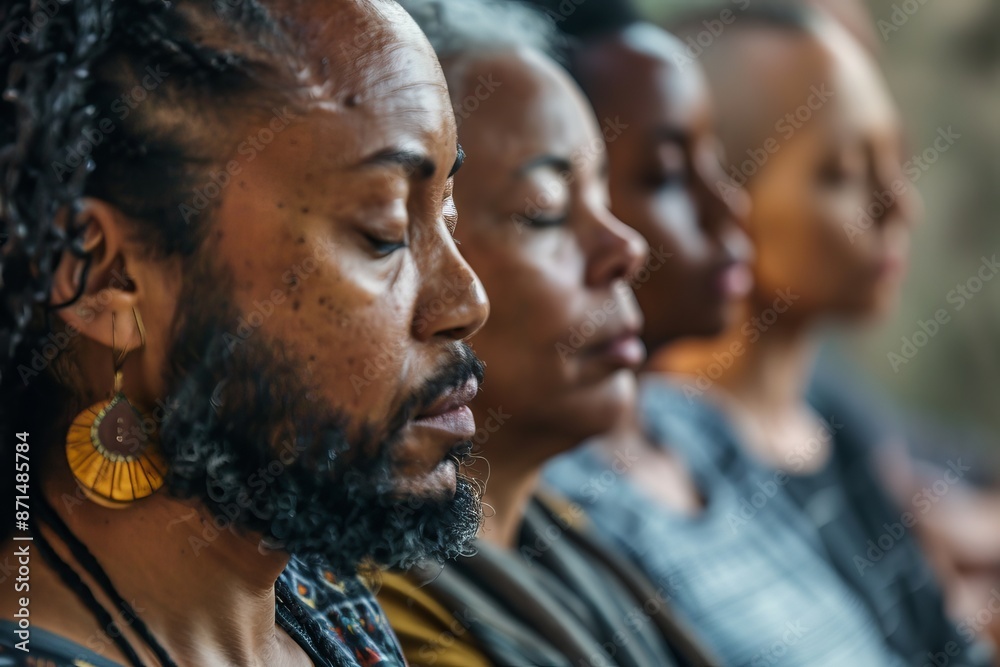 A closeup photograph of a diverse group of people sitting in a circle, practicing mindfulness with their eyes closed A closeup photograph of a diverse group of people sitting in a circle, practicing mindfulness with their eyes closed