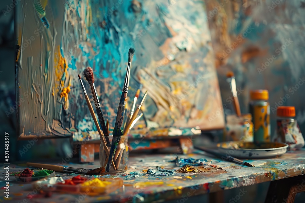 A close-up photograph of an artists workspace featuring several paintbrushes in a glass jar and a colorful palette A close-up photograph of an artists workspace featuring several paintbrushes in a glass jar and a colorful palette