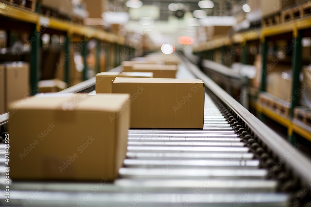 A close-up photograph of cardboard boxes moving along a conveyor belt in a warehouse. The photo is taken from a low angle, showcasing the boxes in motion
