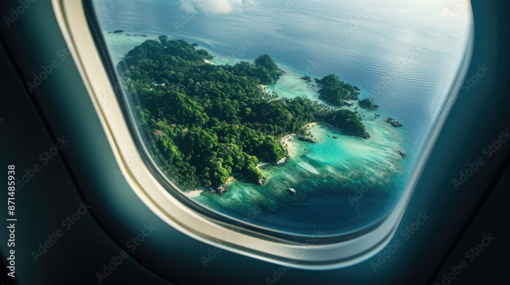 Islands in from an airplane window. The islands are covered in lush green vegetation and surrounded by crystal-clear blue water Islands in from an airplane window. The islands are covered in lush green vegetation and surrounded by crystal-clear blue water