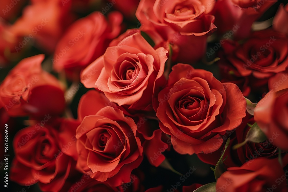 A close-up photograph capturing the intricate details of a bouquet of vibrant red roses. The roses are arranged perfectly, filling the frame and creating a sense of abundance and beauty A close-up photograph capturing the intricate details of a bouquet of vibrant red roses. The roses are arranged perfectly, filling the frame and creating a sense of abundance and beauty