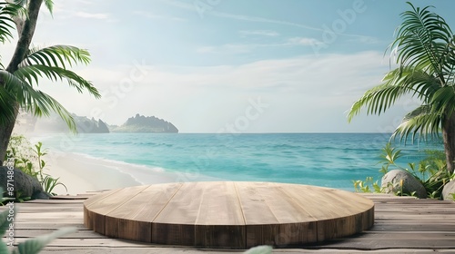 Tranquil Tropical Beach Wooden Podium for Product Showcase 3D Render © CYBERUSS