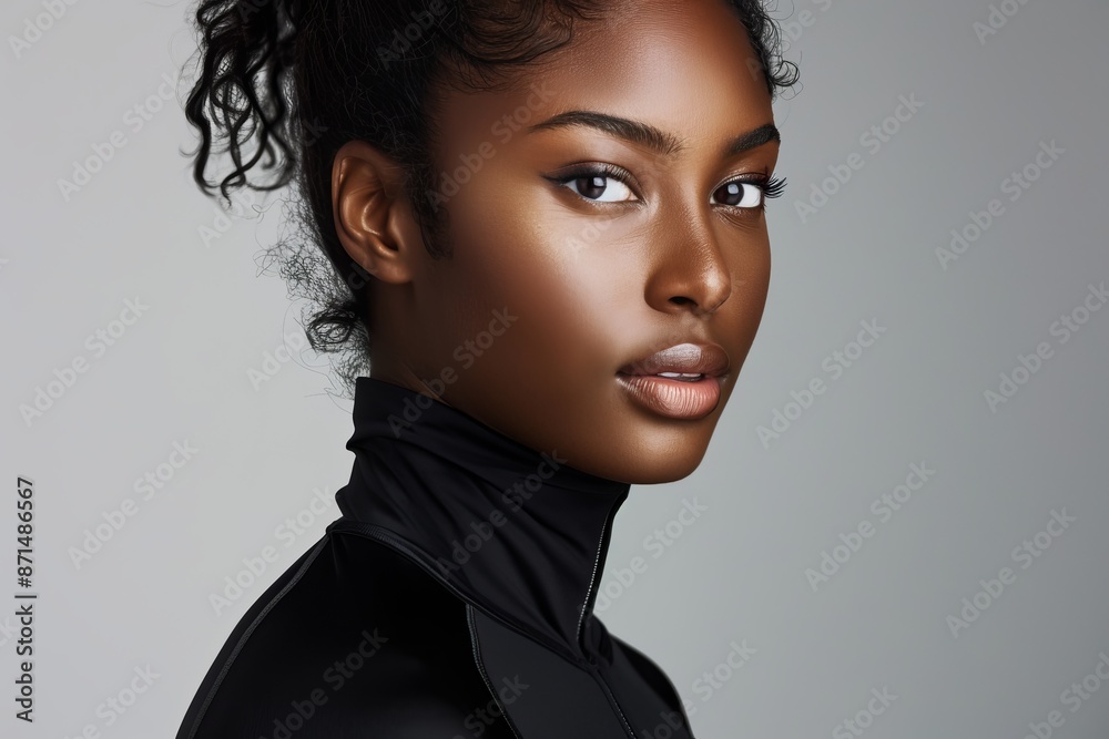 Fototapeta premium Close-up of a stunning Black woman with dark skin and curly hair in a ponytail, wearing a black turtleneck and looking confidently at the camera