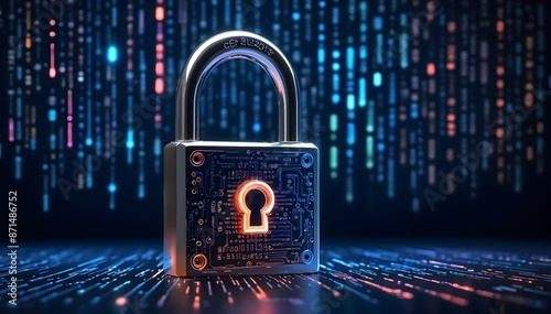 Wallpaper Mural A close-up view of a metal padlock on a circuit board background with glowing digital data streams, representing digital security and data protection Torontodigital.ca