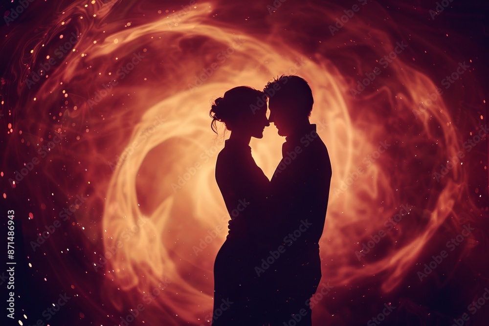 A dramatic silhouette of a man and woman embracing against a swirling cosmic background. Soft, ethereal lights illuminate the couple, creating a romantic and intimate atmosphere