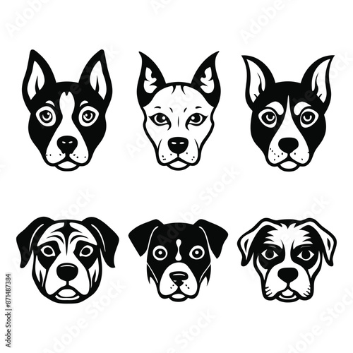 a black and white dog with a collar silhouette vector illustration, Dog head icon. Flat style. Cartoon dog face logo design templet banner poster