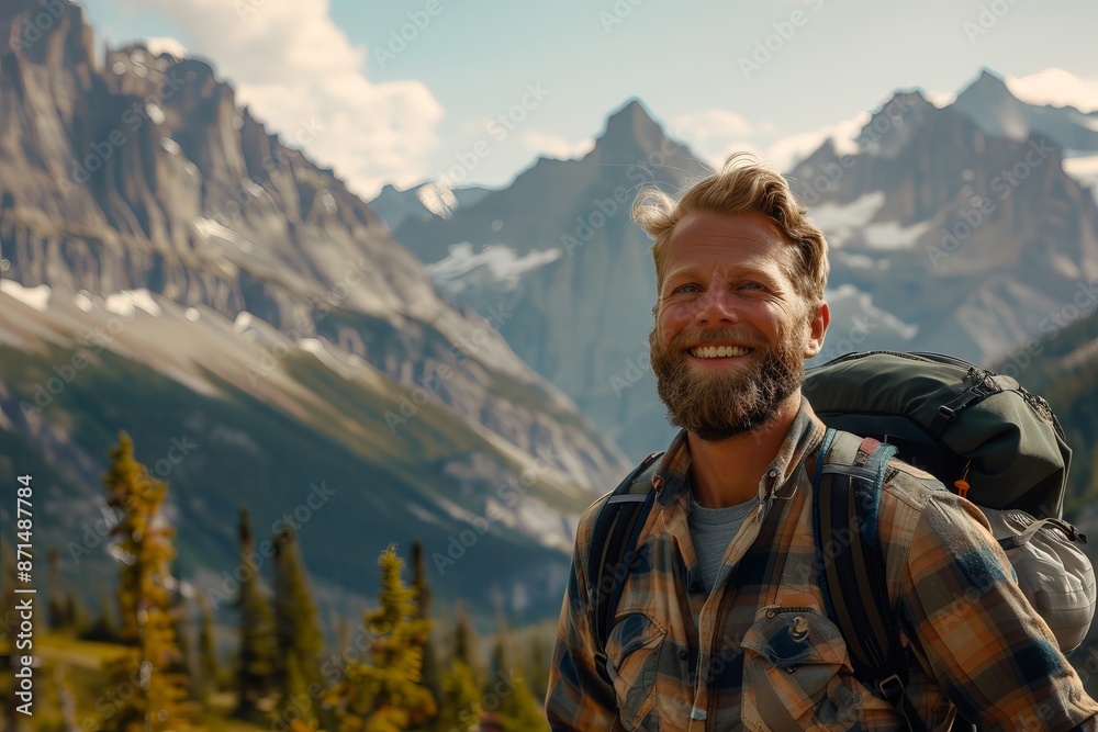A smiling man with a backpack enjoys the breathtaking views of a mountain range. He appears to be hiking in a scenic area, with lush green trees and rocky peaks in the background A smiling man with a backpack enjoys the breathtaking views of a mountain range. He appears to be hiking in a scenic area, with lush green trees and rocky peaks in the background