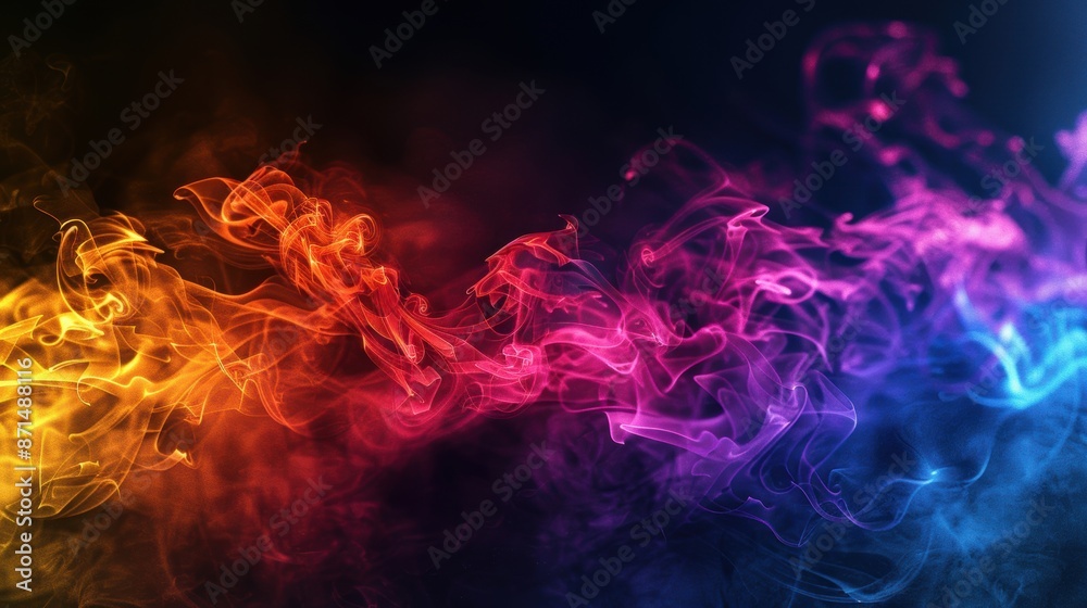 Fototapeta premium A captivating display of colorful smoke in shades of orange, red, pink, and blue swirling against a dark background.