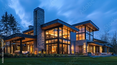 An expansive modern architectural home captured during twilight, showcasing illuminated interiors and beautiful landscaping