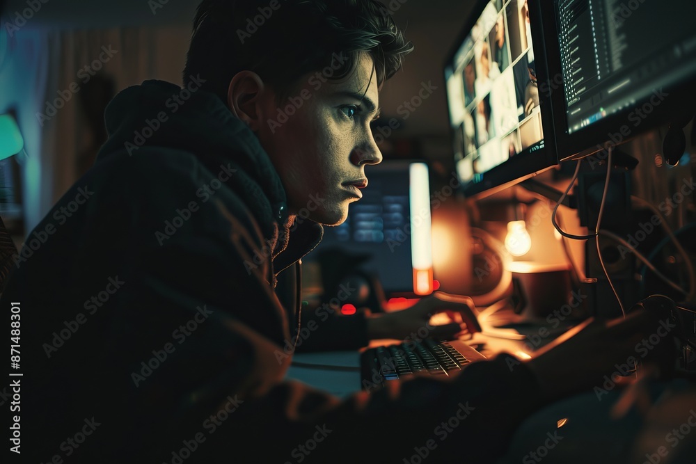 A low-angle shot of a video editor working intensely on their computer in a dimly lit room, illuminated by the soft glow of a nearby lamp A low-angle shot of a video editor working intensely on their computer in a dimly lit room, illuminated by the soft glow of a nearby lamp