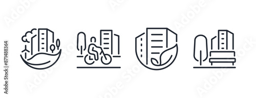 Green city editable stroke outline icons set isolated on white background flat vector illustration. Pixel perfect. 64 x 64.