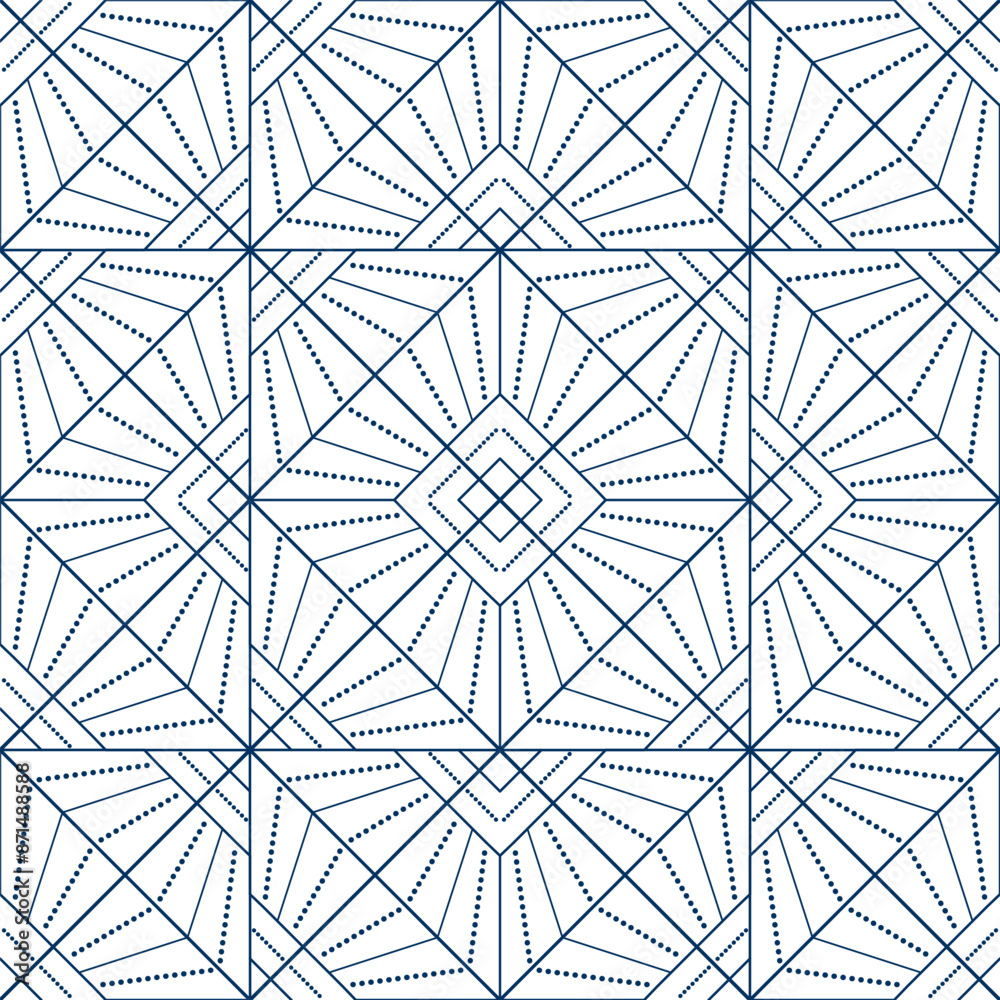 Seamless geometric pattern from lines and dots. Vector decorative square diagonal ornament. Blue pattern on white background. Strict monochrome design. Mosaic tile background for design project. Seamless geometric pattern from lines and dots. Vector decorative square diagonal ornament. Blue pattern on white background. Strict monochrome design. Mosaic tile background for design project.