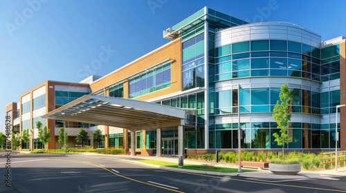 Clear blue sky over a contemporary office building with reflective windows and landscaped surroundings