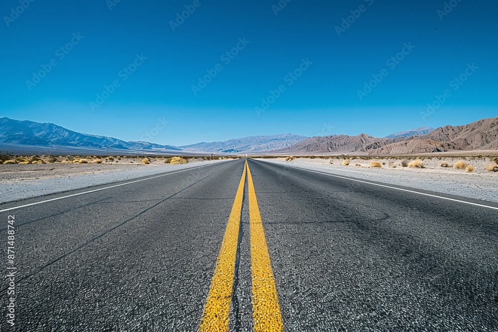 Naklejka premium A panoramic view of a straight, empty asphalt road stretching through a vast desert landscape with mountains in the distance