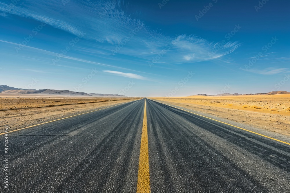 Fototapeta premium A panoramic view of a deserted asphalt road vanishing into the horizon, surrounded by a vast, dry desert landscape. The scene evokes a sense of solitude and isolation
