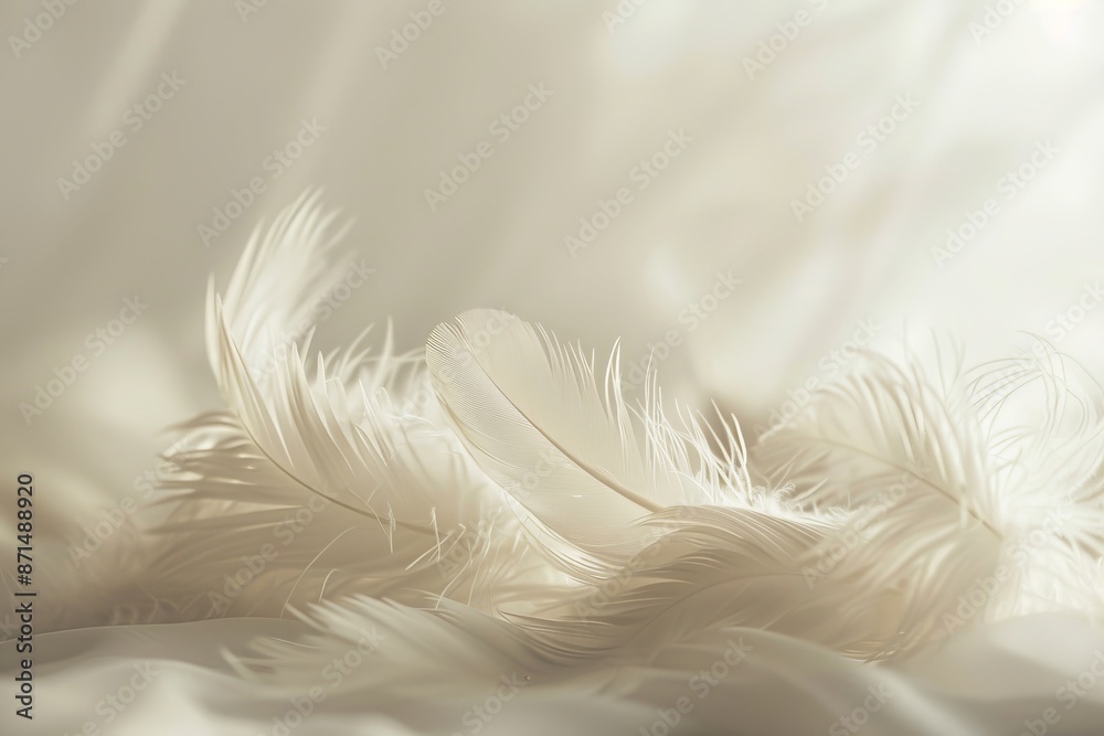 Close-up photo of white feathers elegantly displayed against a soft background, emphasizing their delicate texture and beauty, evoking peace and tranquility