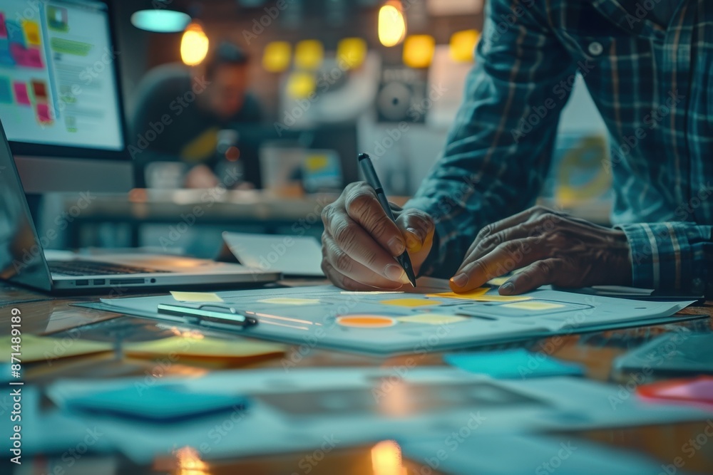 A man is writing on a piece of paper with a pen A man is writing on a piece of paper with a pen