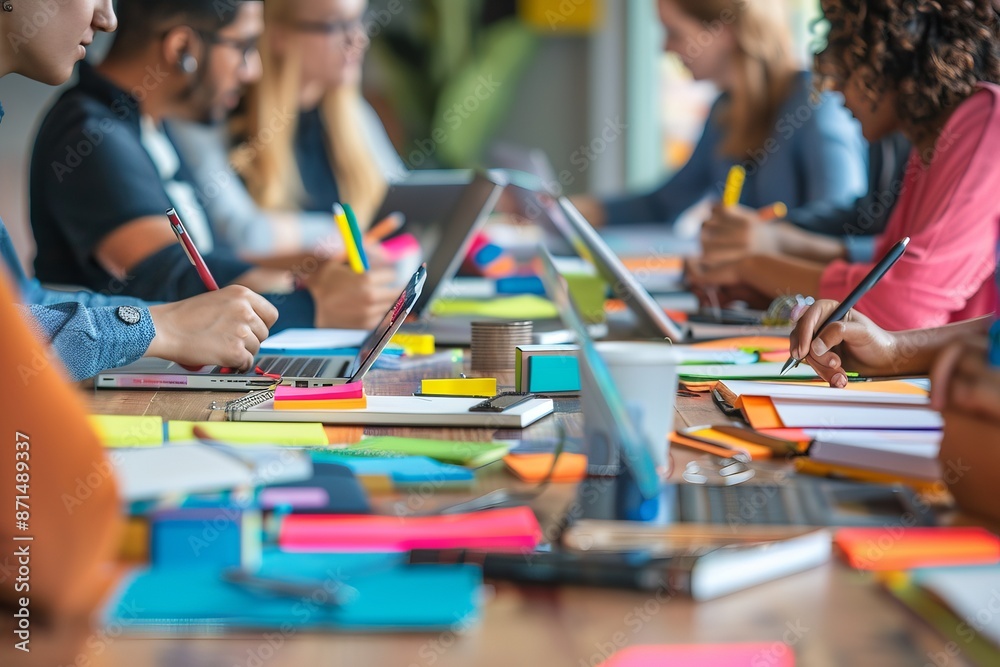 A diverse team of creative professionals brainstorms ideas at a modern office table, using laptops, pens, and colorful sticky notes A diverse team of creative professionals brainstorms ideas at a modern office table, using laptops, pens, and colorful sticky notes