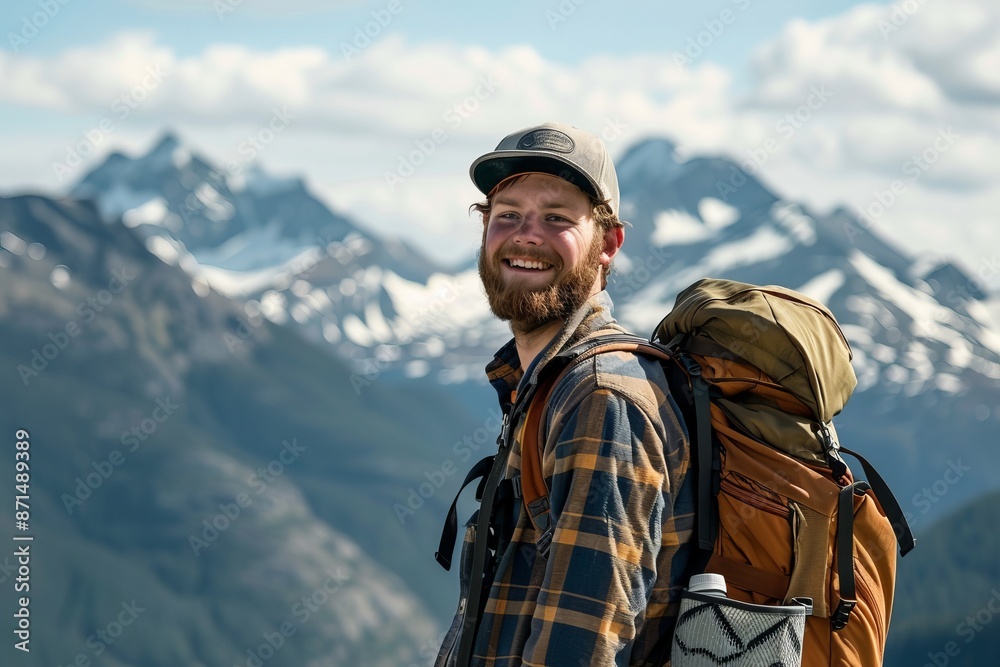 A smiling man with a backpack stands against a majestic mountain range backdrop. He is enjoying a hiking adventure A smiling man with a backpack stands against a majestic mountain range backdrop. He is enjoying a hiking adventure