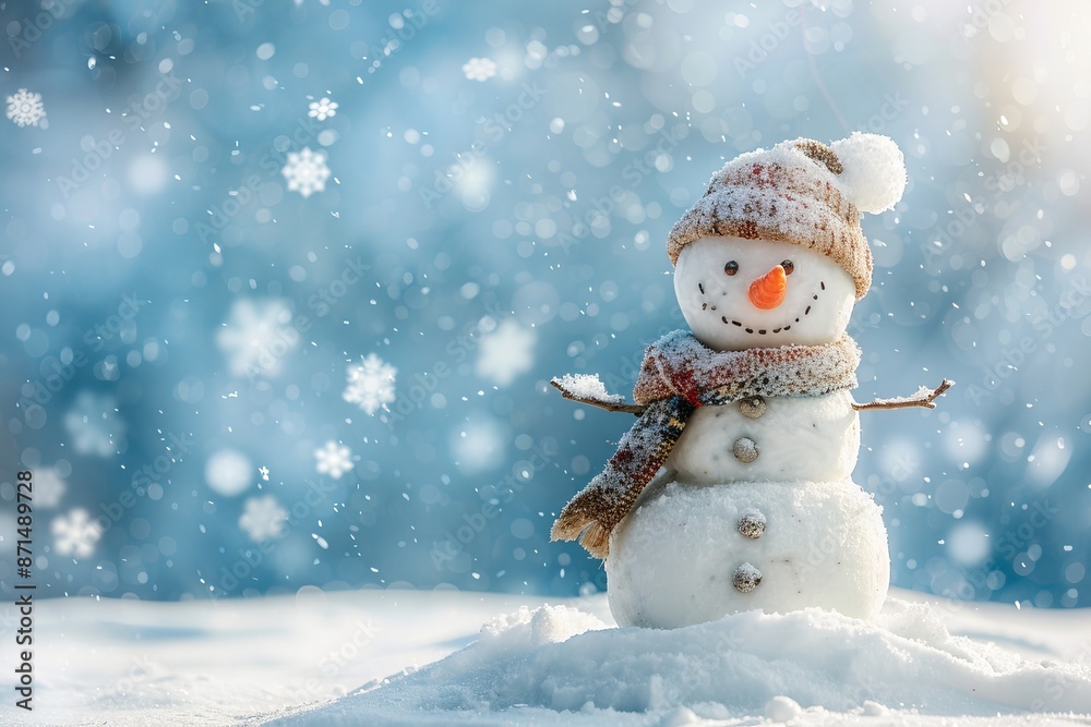 A happy snowman stands in a snowy winter landscape, surrounded by falling snowflakes A happy snowman stands in a snowy winter landscape, surrounded by falling snowflakes