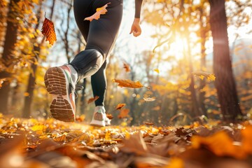 A woman runs through a sun-dappled forest in autumn, leaves falling around her