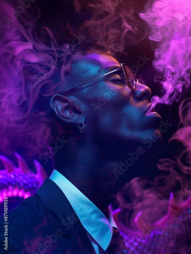 AI-Generated POV of a Charismatic Man in a Suit, Wearing Earrings and Glasses, Smoking with Half-Closed Eyes, Surrounded by Smoke and Chinese Dragons, Under Fluorescent Light in Surrealistic Style, Ul