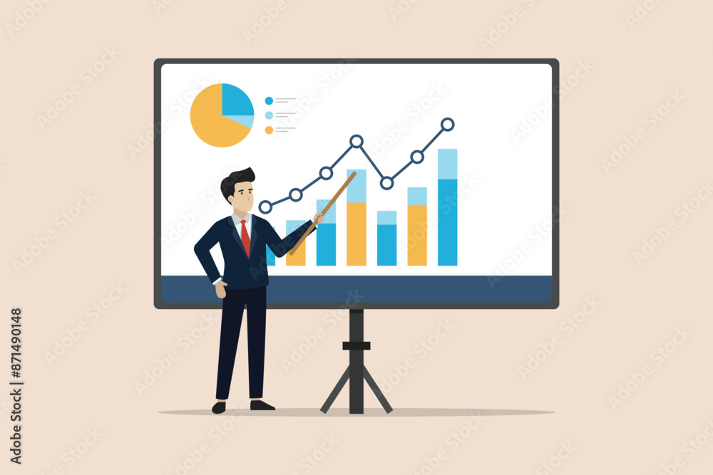 Business data analysis results report, presentation for business success, company data report concept, smart businessman making presentation in front of graphs. Business data analysis results report, presentation for business success, company data report concept, smart businessman making presentation in front of graphs.