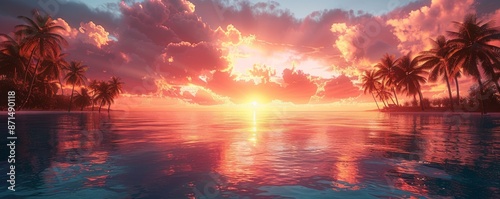 Sunset Seascape Ocean Tropical Beach, Panoramic beach landscape, Palm trees Ocean beach. Generative AI illustration