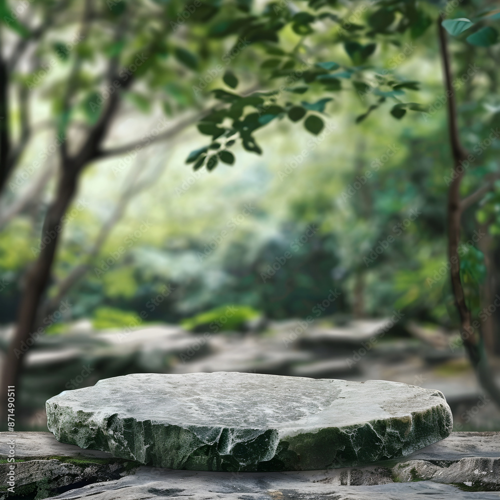 Obraz premium Tranquil and serene stone platform in the lush and peaceful forest with a natural eco friendly backdrop for meditation and relaxation in a mystical and serene woodland environment