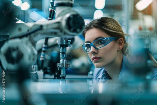 A female technician wearing safety glasses oversees robotic assembly lines in a modern manufacturing facility photo