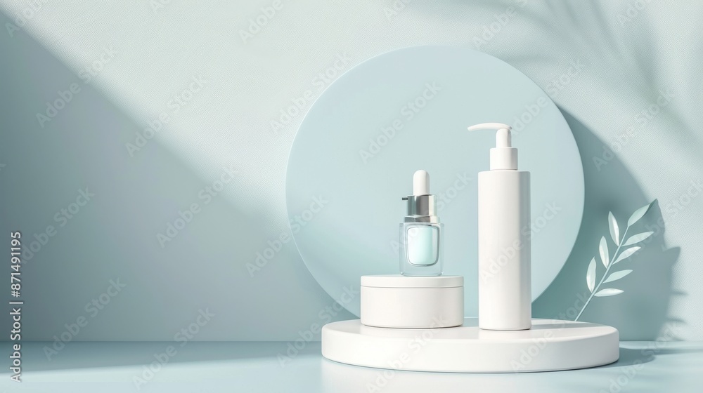 A stylish minimalist image featuring skincare bottles on a platform with a circular backdrop and plants A stylish minimalist image featuring skincare bottles on a platform with a circular backdrop and plants