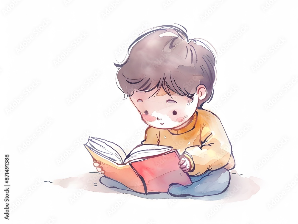 A young boy sits on the floor engrossed in a book, his expression focused and his eyes glued to the pages. A young boy sits on the floor engrossed in a book, his expression focused and his eyes glued to the pages.