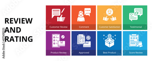 Review and Rating Glyph Solid Banner Web Icon Set Vector Illustration, Customer Review Comment Customer Satisfaction Testimonial Product Review Approved Best Product Score Review 