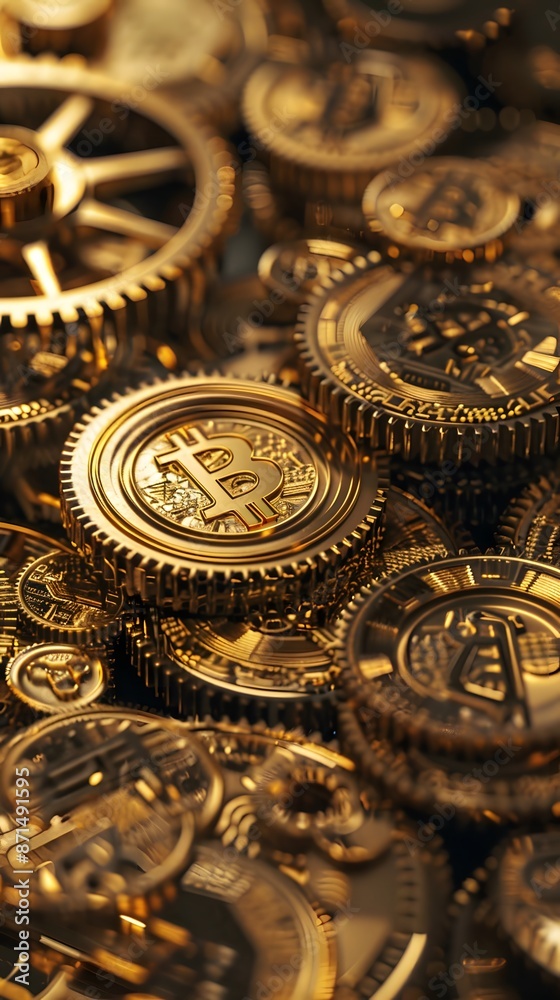 Close up of gold coins and gears, representing finance and industry. Close up of gold coins and gears, representing finance and industry.