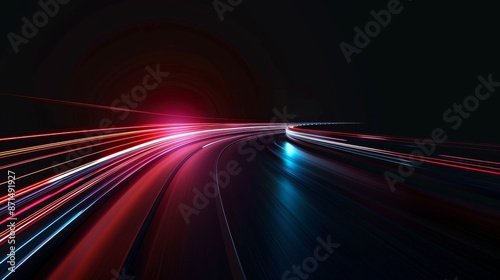 Long exposure photography captures the vibrant light trails of traffic, conveying speed and motion on a dark background