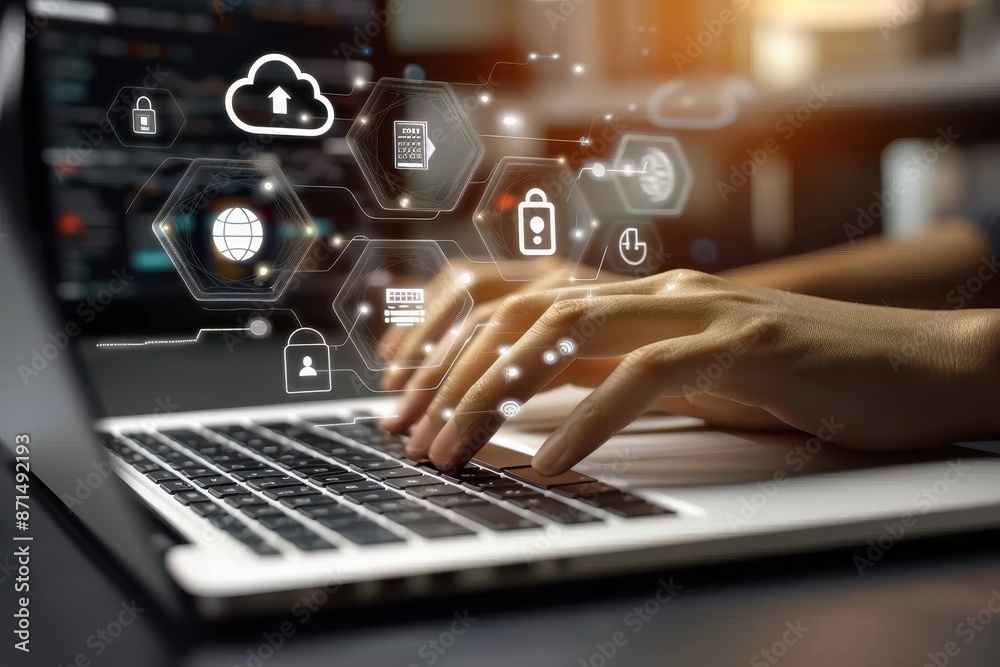 Hands typing on a laptop with holographic cloud, security, and connectivity icons floating above. Hands typing on a laptop with holographic cloud, security, and connectivity icons floating above.