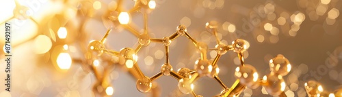A closeup view of interconnected golden molecules forming a hexagonal shape, set against a warm beige background with soft lighting