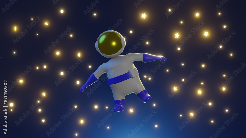 Naklejka premium Adorable cartoon astronaut character in white blue space suit on stars sky background. 3D rendering illustration.