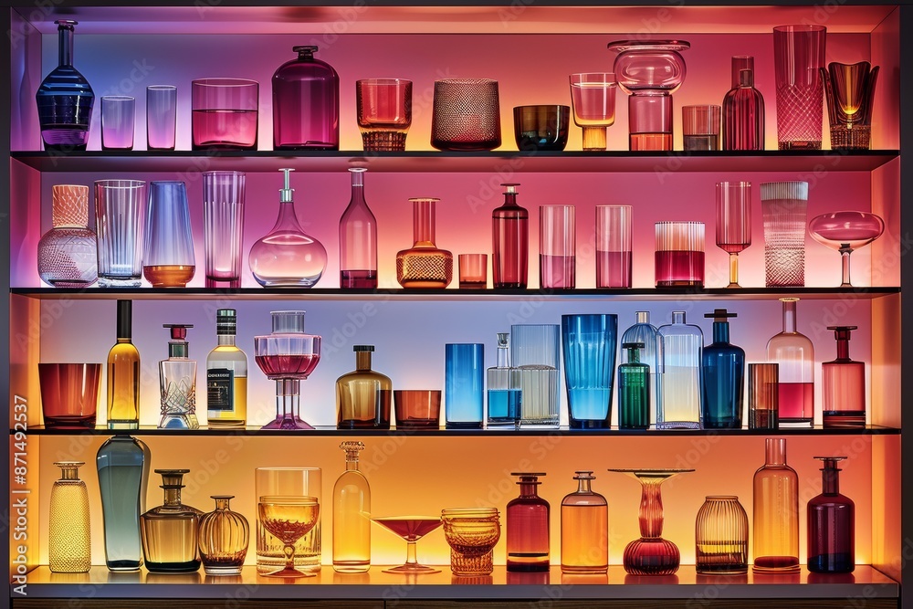 Modern bar shelves with neon lights and colorful bottles creating a vibrant and trendy nightlife ambiance Modern bar shelves with neon lights and colorful bottles creating a vibrant and trendy nightlife ambiance