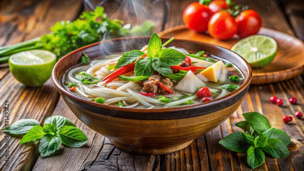 A Delicious Bowl Of Vietnamese Pho With Beef, Vegetables, And Noodles In A Rich Broth, Garnished With Fresh Herbs And Lime.