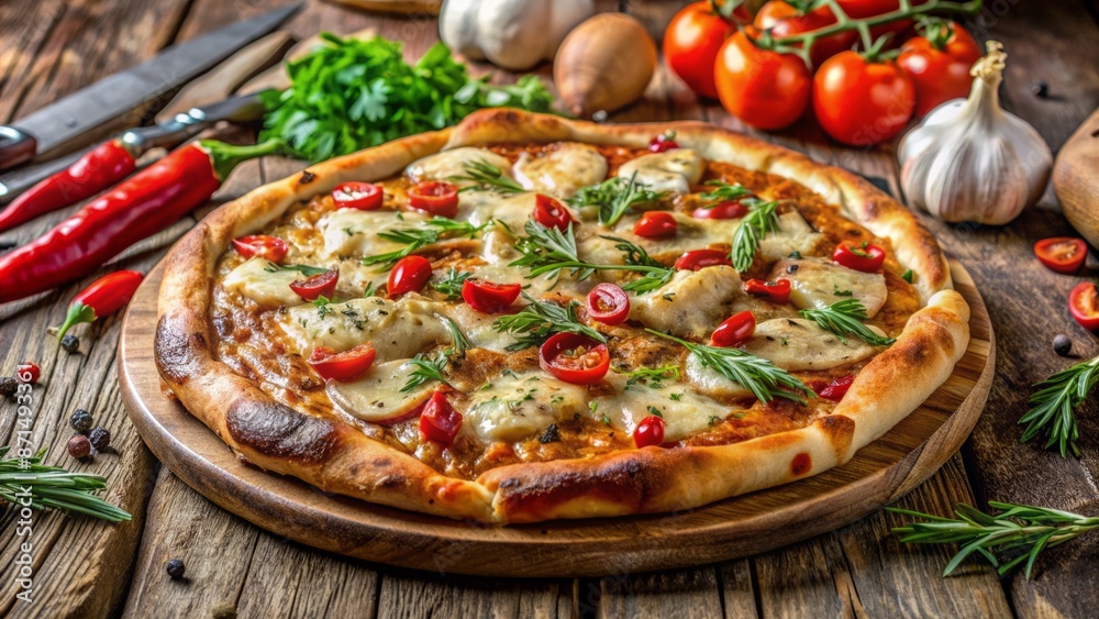 A Delicious Pizza With A Crispy Crust, Topped With Melted Cheese, Juicy Tomatoes, And Flavorful Herbs. A Delicious Pizza With A Crispy Crust, Topped With Melted Cheese, Juicy Tomatoes, And Flavorful Herbs.