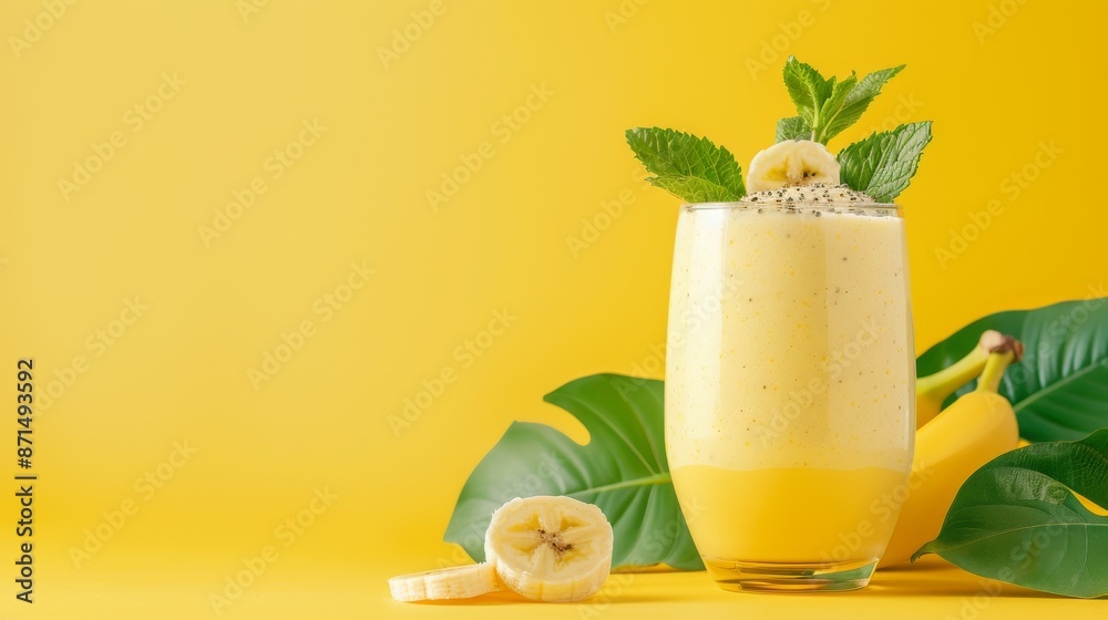 Banana smoothie in a glass with fresh mint leaves and banana slices, set against a vibrant yellow background, creating a refreshing and healthy drink presentation Banana smoothie in a glass with fresh mint leaves and banana slices, set against a vibrant yellow background, creating a refreshing and healthy drink presentation
