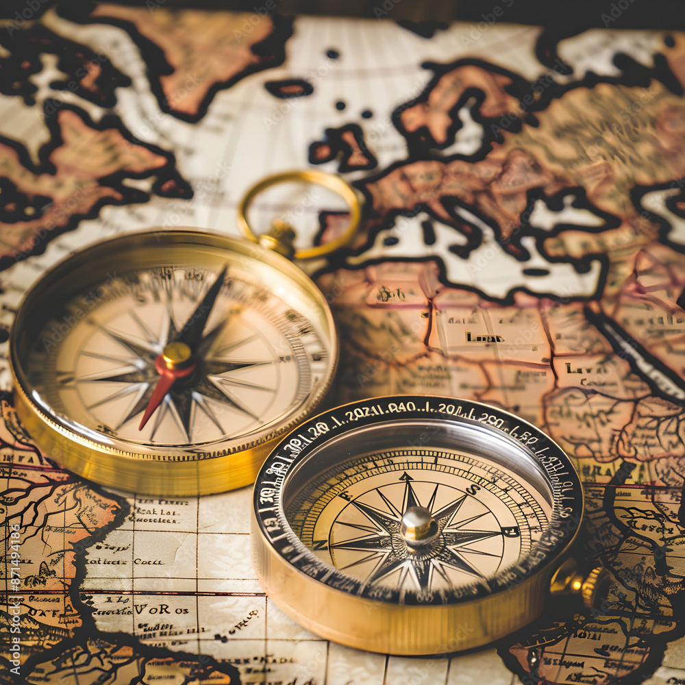 Classical brass compass lies atop an old world map, evoking the spirit of exploration and travel Classical brass compass lies atop an old world map, evoking the spirit of exploration and travel