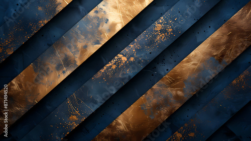 Abstract geometric design with blue and gold textures showcasing diagonal stripes and splatter patterns.