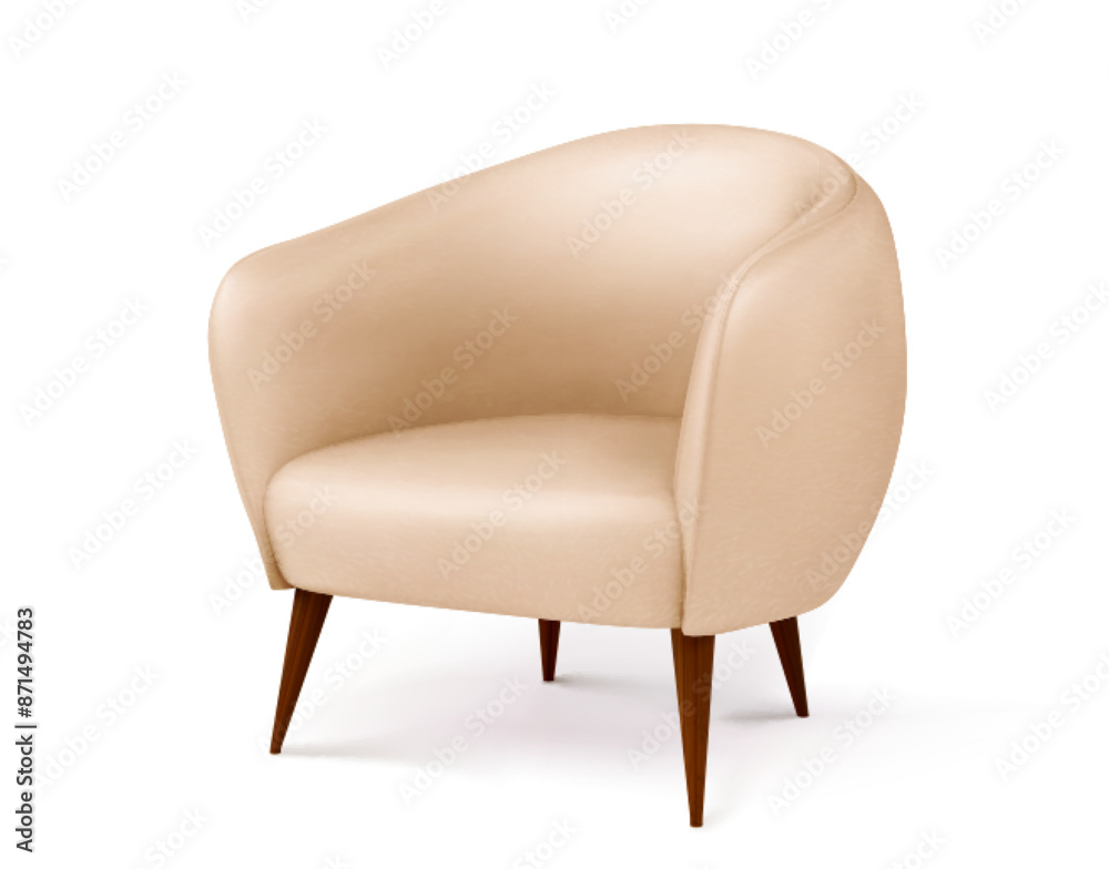 Beige soft leather armchair with wooden legs. Realistic 3d vector illustration of gentle fabric sofa furniture element. Classic comfort living room interior object. Comfortable bedroom chair mockup. Beige soft leather armchair with wooden legs. Realistic 3d vector illustration of gentle fabric sofa furniture element. Classic comfort living room interior object. Comfortable bedroom chair mockup.