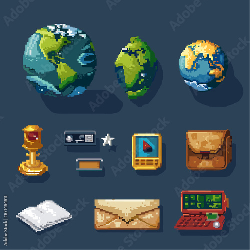 collection of pixel art icons includes a globe, envelope, computer, and robot