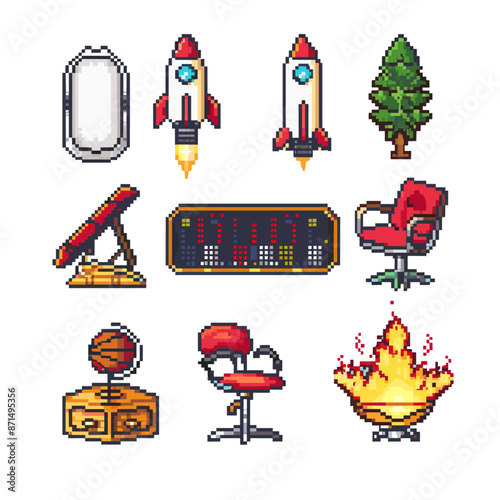 set of pixel art icons in various colors, including a rocket, microwave, chair, basketball, ball, shoe, and tennis ball