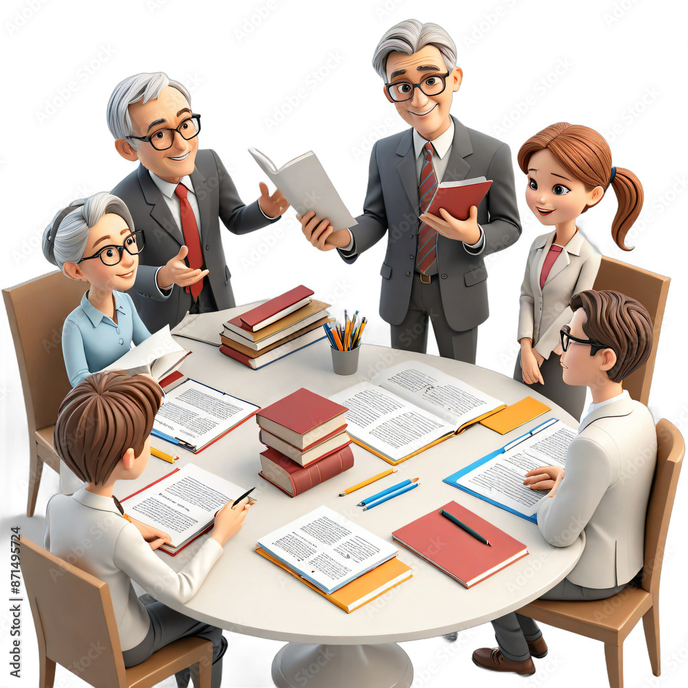 Educational Engagement Delightful 3D Characters Receiving Instruction from a Professor, Gathered Around a Table with Educational Materials, Isolated on a White Background Educational Engagement Delightful 3D Characters Receiving Instruction from a Professor, Gathered Around a Table with Educational Materials, Isolated on a White Background
